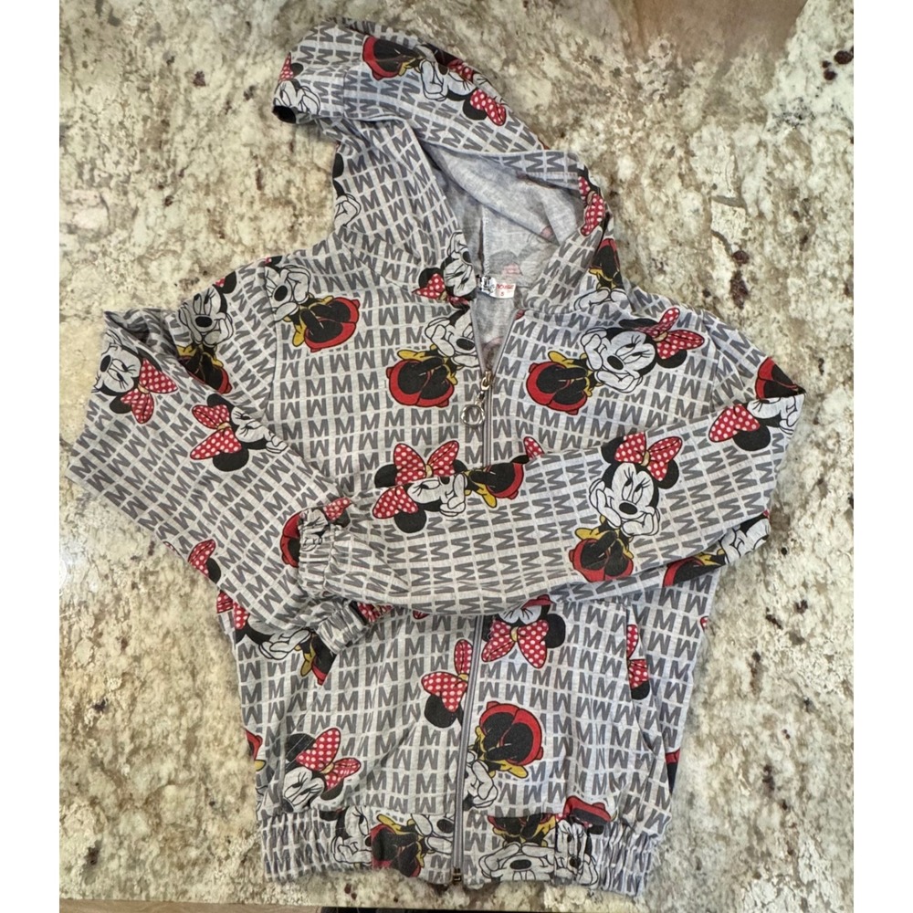 Disney Minnie Mouse Kids Gray Zip Up Hoodie All Over Print Cotton Size S